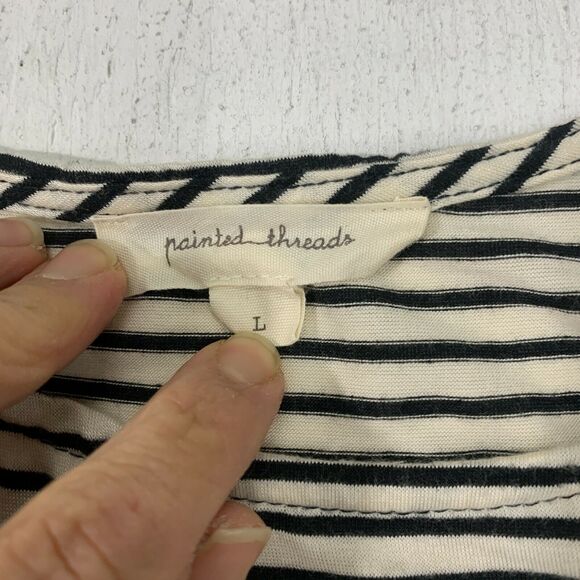 Painted Threads Peplum Striped Top Womens Size L Ivory Black Cap Sleeves Stretch - Picture 7 of 10